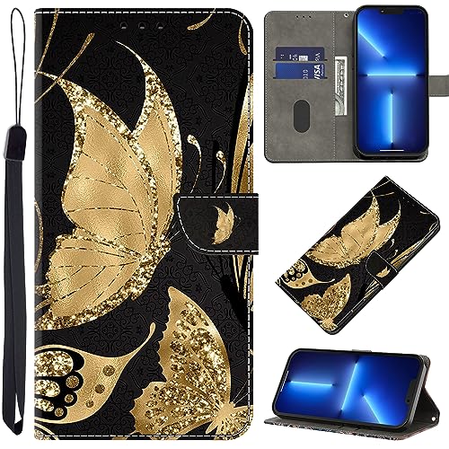 BOLELAW Hülle für Samsung Galaxy A14 5G/4G mit [Magnetverschluss] [Flip-Funktion] [Kartenfächern] Flip Case Leder Samsung Galaxy A14 Schutzhülle Stylische Klapphülle, Goldener Schmetterling von BOLELAW