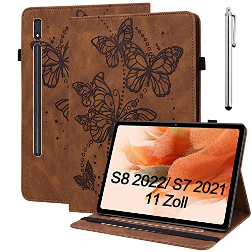 BOLELAW Hülle für Samsung Galaxy Tab S8 11 Zoll 2022 /Galaxy Tab S7 11 Zoll 2020 Geprägter Schmetterling PU Leder Folio Flip Case mit Stifthalter Stand Kartenschlitz Tablet Hülle, Braun von BOLELAW