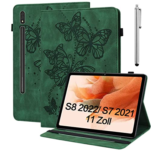 BOLELAW Hülle für Samsung Galaxy Tab S8 11 Zoll 2022 /Galaxy Tab S7 11 Zoll 2020 Geprägter Schmetterling PU Leder Folio Flip Case mit Stifthalter Stand Kartenschlitz Tablet Hülle, Grün von BOLELAW