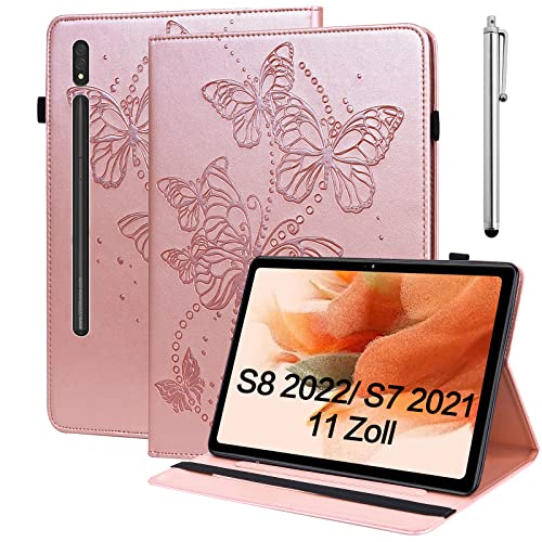 BOLELAW Hülle für Samsung Galaxy Tab S8 11 Zoll 2022 /Galaxy Tab S7 11 Zoll 2020 Geprägter Schmetterling PU Leder Folio Flip Case mit Stifthalter Stand Kartenschlitz Tablet Hülle, Rosa von BOLELAW