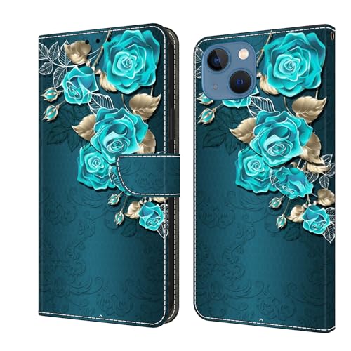 BOLELAW Hülle für iPhone 13 / iPhone 14 mit [Magnetverschluss] [Flip-Funktion] [Kartenfächern] Flip Case Leder Schutzhülle Stylische Klapphülle, Blaue Rose von BOLELAW