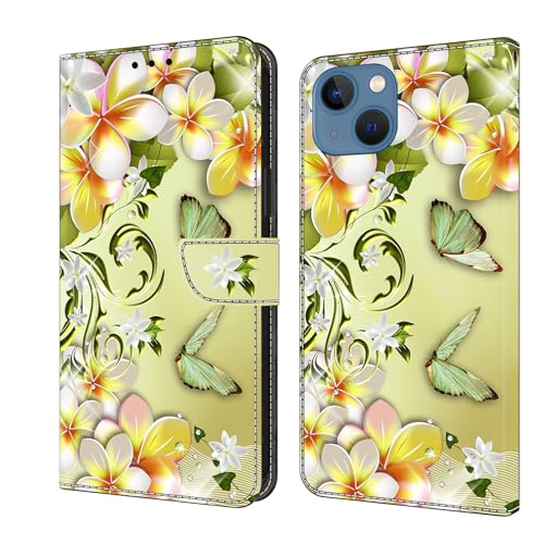 BOLELAW Hülle für iPhone 13 / iPhone 14 mit [Magnetverschluss] [Flip-Funktion] [Kartenfächern] Flip Case Leder Schutzhülle Stylische Klapphülle, Blume & Schmetterlin von BOLELAW
