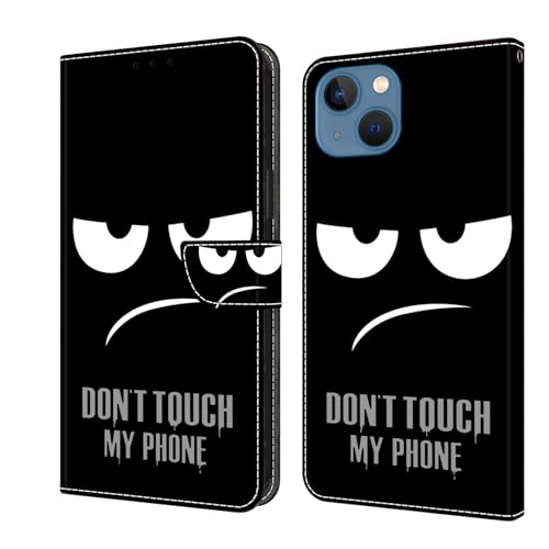 BOLELAW Hülle für iPhone 13 / iPhone 14 mit [Magnetverschluss] [Flip-Funktion] [Kartenfächern] Flip Case Leder Schutzhülle Stylische Klapphülle, Don't Touch My Phone von BOLELAW