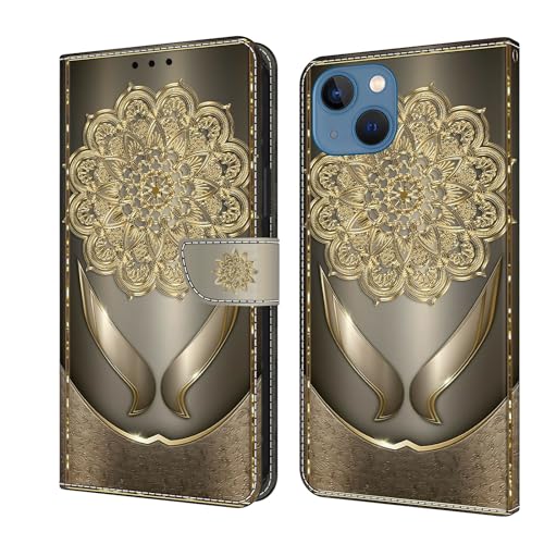 BOLELAW Hülle für iPhone 13 / iPhone 14 mit [Magnetverschluss] [Flip-Funktion] [Kartenfächern] Flip Case Leder Schutzhülle Stylische Klapphülle, Glänzende Goldblumen von BOLELAW