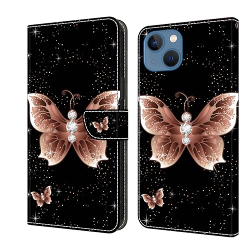 BOLELAW Hülle für iPhone 13 / iPhone 14 mit [Magnetverschluss] [Flip-Funktion] [Kartenfächern] Flip Case Leder Schutzhülle Stylische Klapphülle, Rosa Schmetterling von BOLELAW