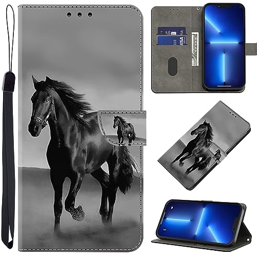 BOLELAW Hülle für iPhone 13 Pro Max mit [Magnetverschluss] [Standfunktion] [Kartenfächern] Flip Case Leder iPhone 13 Pro Max Schutzhülle Stylische Klapphülle, Schwarzes Pferd von BOLELAW