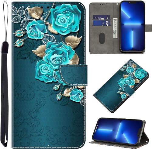 BOLELAW Hülle für iPhone 15 Pro Max mit [Magnetverschluss] [Flip-Funktion] [Kartenfächern] Flip Case Leder iPhone 15 Pro Max Schutzhülle Stylische Klapphülle, Blaue Rose von BOLELAW