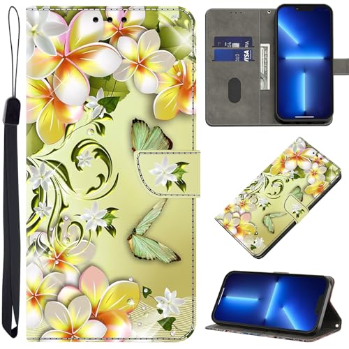 BOLELAW Hülle für iPhone 15 mit [Magnetverschluss] [Flip-Funktion] [Kartenfächern] Flip Case Leder iPhone 15 Schutzhülle Stylische Klapphülle, Blume & Schmetterlin von BOLELAW