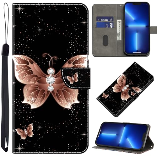 BOLELAW Hülle für iPhone 15 mit [Magnetverschluss] [Flip-Funktion] [Kartenfächern] Flip Case Leder iPhone 15 Schutzhülle Stylische Klapphülle, Rosa Schmetterling von BOLELAW