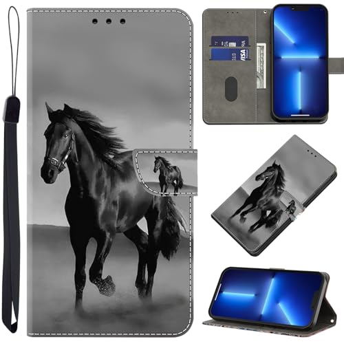 BOLELAW Hülle für iPhone 15 mit [Magnetverschluss] [Flip-Funktion] [Kartenfächern] Flip Case Leder iPhone 15 Schutzhülle Stylische Klapphülle, Schwarzes Pferd von BOLELAW