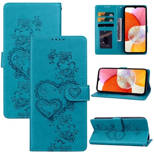 BOLELAW Hülle für iPhone 16 Leder Schutzhülle mit [Magnetverschluss] [Standfunktion] [Kartenfächern] Flip Case Prägung Pfirsich Herz Stylische Klapphülle, Blau von BOLELAW