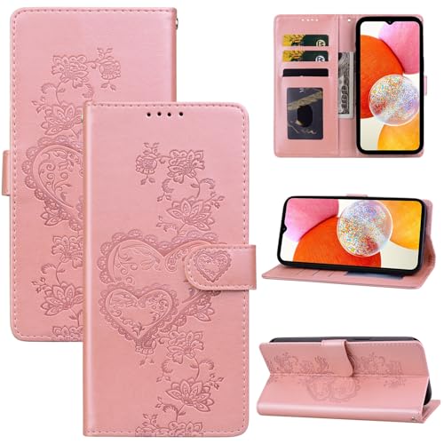 BOLELAW Hülle für iPhone 16 Leder Schutzhülle mit [Magnetverschluss] [Standfunktion] [Kartenfächern] Flip Case Prägung Pfirsich Herz Stylische Klapphülle, Rosa von BOLELAW
