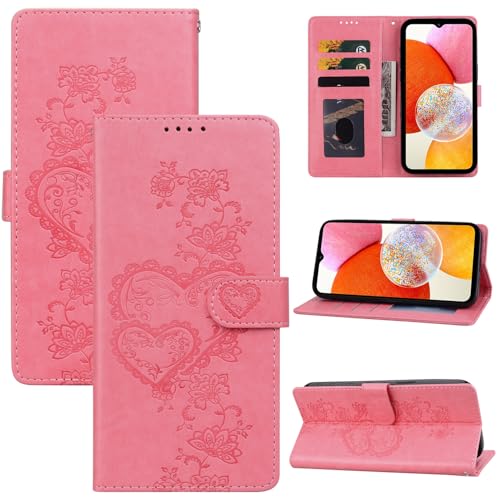 BOLELAW Hülle für iPhone 16 Leder Schutzhülle mit [Magnetverschluss] [Standfunktion] [Kartenfächern] Flip Case Prägung Pfirsich Herz Stylische Klapphülle, Rose Red von BOLELAW