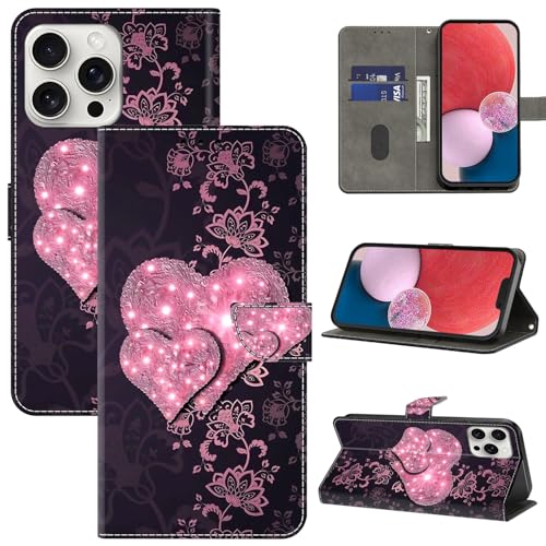 BOLELAW Hülle für iPhone 16 Pro Max mit [Magnetverschluss] [Stehfunktion] [Kartenfächern] Flip Case Leder iPhone 16 Pro Max Schutzhülle Stylische Klapphülle, Rosa Pfirsichherz von BOLELAW