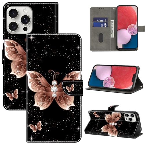 BOLELAW Hülle für iPhone 16 Pro Max mit [Magnetverschluss] [Stehfunktion] [Kartenfächern] Flip Case Leder iPhone 16 Pro Max Schutzhülle Stylische Klapphülle, Rosa Schmetterling von BOLELAW