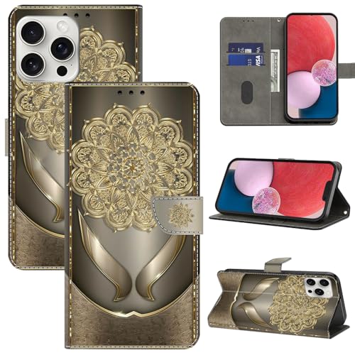 BOLELAW Hülle für iPhone 16 Pro mit [Magnetverschluss] [Stehfunktion] [Kartenfächern] Flip Case Leder iPhone 16 Pro Schutzhülle Stylische Klapphülle, Glänzende Goldblumen von BOLELAW