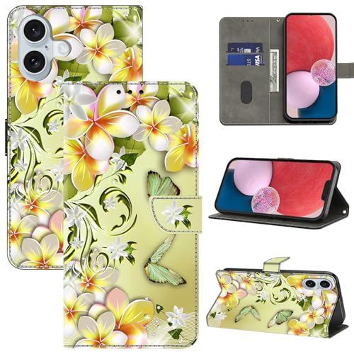 BOLELAW Hülle für iPhone 16 mit [Magnetverschluss] [Stehfunktion] [Kartenfächern] Flip Case Leder iPhone 16 Schutzhülle Stylische Klapphülle, Blume & Schmetterlin von BOLELAW