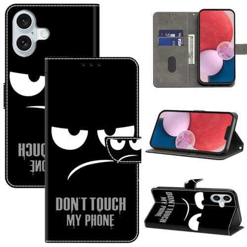 BOLELAW Hülle für iPhone 16 mit [Magnetverschluss] [Stehfunktion] [Kartenfächern] Flip Case Leder iPhone 16 Schutzhülle Stylische Klapphülle, Don't Touch My Phone von BOLELAW