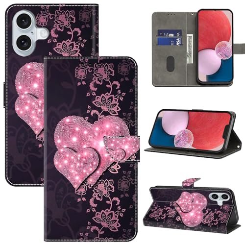 BOLELAW Hülle für iPhone 16 mit [Magnetverschluss] [Stehfunktion] [Kartenfächern] Flip Case Leder iPhone 16 Schutzhülle Stylische Klapphülle, Rosa Pfirsichherz von BOLELAW