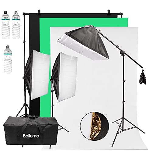BOLLUMA Softbox Set Fotostudio 50 x 70cm, mit Fotografie 2x3m Hintergrund Ständer, Fotohintergrund, 3 Fotolampe E27 150W, Lampenstativ, Reflektor und Tragetasche usw für Studio Porträts von BOLLUMA