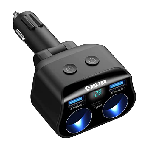 Zigarettenanzünder Verteiler Adapter Splitter Dual QC 3.0 & PD USB, BOLTHO 3 Port Auto ladegerät Schnellladung, 2-Fach KFZ Adapter Steckdose, Auto Adapter mit LED Voltmeter Getrennte Schalter von BOLTHO