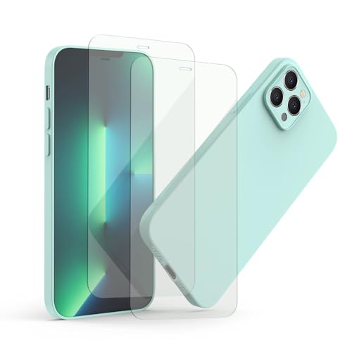 BOLYEL für iPhone 12 Pro Hülle und 2 Schutzfolien, flüssigem Silikon Handyhülle iPhone 12 Pro 6.1 Zoll mit Kamera Schutz, stoßfeste iPhone 12 Pro Schutzhülle mit Mikrofaser, Helles Blau von BOLYEL