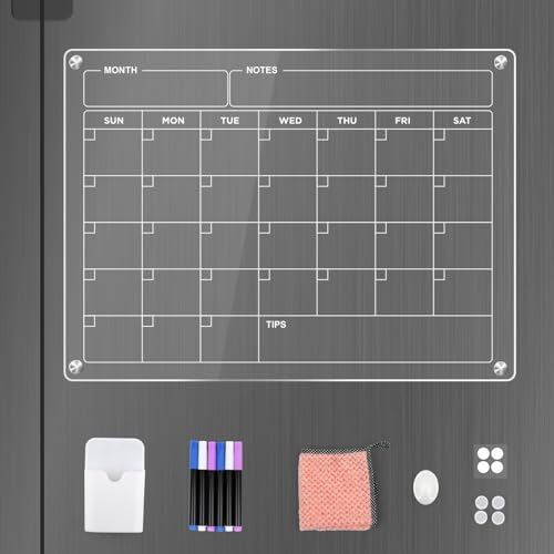 Acryl Kalender für Kühlschrank,1xWhiteboard Monatsplaner Abwischbar 40 x 30cmx2.8mm(T) Transparent Kühlschrankkalender Magnetisch mit 6 Markern+1xMagnetstifthalter,BOMEI PACK von BOMEI PACK