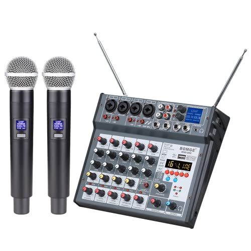 BOMGE 6-Kanal-Audio-DJ-Konsolen-Mixer mit Dua UHF drahtlosem Mikrofon, MP3, USB Bluetooth, 48 V Phantom, 16 Echo/Verzögerung für Heimstudio-Aufnahmen, DJ, Netzwerk, Live, Karaoke, PC, Gitarre von BOMGE