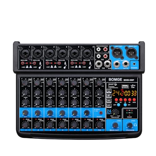 BOMGE 8 channel mini audio mixer Line Mixer ，DC 5V，with MP3 Player,Bluetooth, U disk 48V,24DSP effects, USB recording Ideal for Small Clubs or Bars, Studio Recording von BOMGE