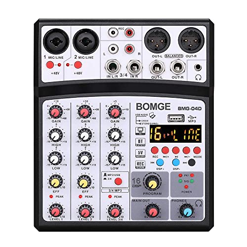 BOMGE DJ-Audio-Mischpult, 4-Kanal, 16 DSP Echo, Sound-Schnittstelle, Mischkonsole, Karaoke, mit MP3, USB, Bluetooth, Stereoaufnahme, 48 V Phantomspeisung - 04D-Schwarz von BOMGE