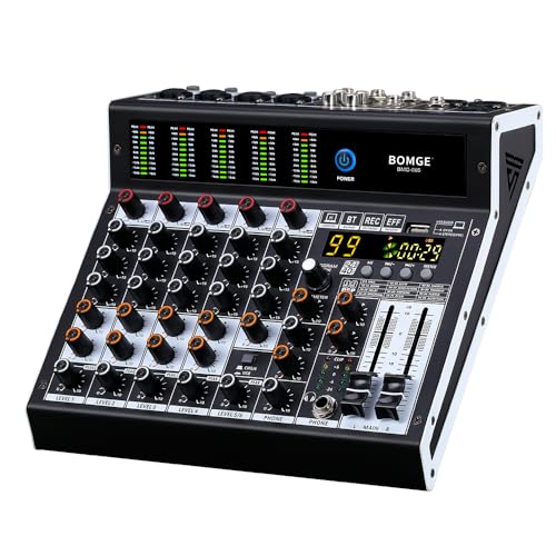 BOMGE Professioneller Audio-Mixer, 6-K-Mischpult mit 99 DSP-Effekt, +48 V Phantom, Bluetooth, USB-Schnittstelle. 2 AUX.FX-Prozessor für Studioaufnahmen und Live-Auftritte von BOMGE