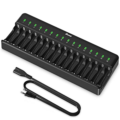 BONAI AA AAA Akku Ladegerät 16 Slot Universal LED Batterieladegerät Intelligentes Akkuladegerät Smart Battery Charger für AA/AAA NI-MH NI-CD Wiederaufladbar Batterien, Schwarz von BONAI