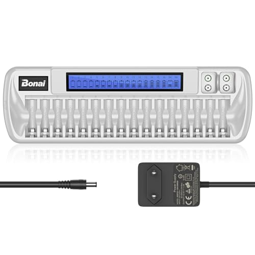 BONAI Akku Ladegerät 18 Slot Universal Schnelles Batterieladegerät LCD Smart Akkuladegerät Intelligent Battery Charger für AA AAA 9V Block NI-MH/NI-CD Wiederaufladbare Batterien von BONAI