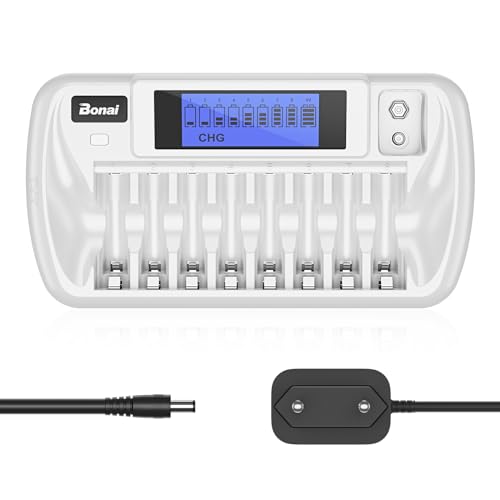 BONAI Akku Ladegerät 9 Slot LCD Batterieladegerät Universal Akkuladegerät Intelligentes Battery Charger mit Entladungsfunktion für AA/AAA/9V Block NI-MH NI-CD Wiederaufladbare Batterien von BONAI