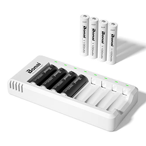 BONAI Akku Ladegerät AA AAA NI-MH NI-Cd Akkuladegerät Battery Charger LED Anzeige UAB Schnell Ladung Batterieladegerät mit AA/AAA Akku 8 Stück von BONAI