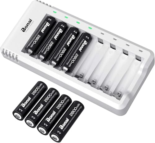 BONAI Akku Ladegerät AA AAA NI-MH NI-Cd Akkuladegerät Battery Charger LED Anzeige UAB Schnell Ladung Batterieladegerät mit AA Akku 2800mah 8 Stück von BONAI