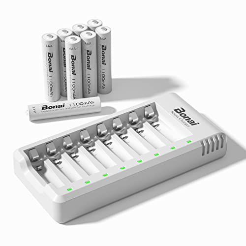 BONAI Akku Ladegerät AA AAA NI-MH NI-Cd Akkuladegerät Battery Charger LED Anzeige UAB Schnell Ladung Batterieladegerät mit AAA Akku 1100mah 8 Stück von BONAI