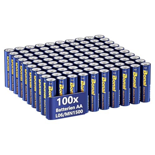 BONAI Longlife Alkaline Batterien AA (100 Stück) 1,5V Mignon LR06 Batterie, leistungsstark, Ideal für Wecker, Fieberthermometer, Dekorative Lampen und andere Geräte mit Hohem Energiebedarf von BONAI