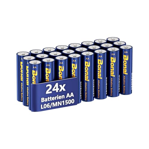 BONAI Longlife Alkaline Batterien AA (24 Stück) 1,5V Mignon LR06 Batterie, leistungsstark, Ideal für Wecker, Fieberthermometer, Dekorative Lampen und andere Geräte mit Hohem Energiebedarf von BONAI
