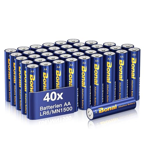 BONAI Longlife Alkaline Batterien AA (40 Stück) 1,5V Mignon LR06 Batterie, leistungsstark, Ideal für Wecker, Fieberthermometer, Dekorative Lampen und andere Geräte mit Hohem Energiebedarf von BONAI