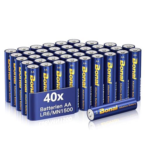 BONAI Longlife Alkaline Batterien AA (40 Stück) 1,5V Mignon LR06 Batterie, leistungsstark, Ideal für Wecker, Fieberthermometer, Dekorative Lampen und andere Geräte mit Hohem Energiebedarf von BONAI