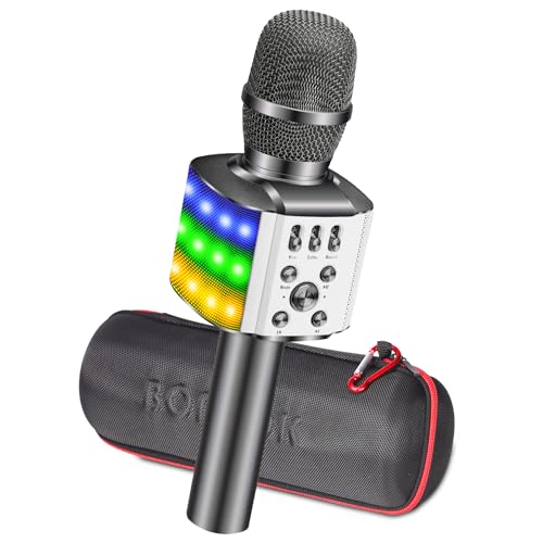BONAOK Bluetooth Karaoke Mikrofon Kinder, 4-in-1 Kinder Karaoke mit Mikrofon, Tragbares Mikrofon mit Lautsprecher Led, Zuhause Party Karaoke Dynamische Mikrofone für Android/iOS (Q36 Space Gary) von BONAOK