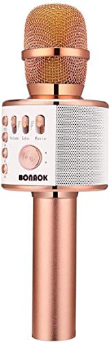 BONAOK Bluetooth Karaoke Mikrofon Kinder, Drahtlose Dynamisches Mikrofon mit Lautsprecher, Familie Party Podcast Auto Bluetooth Mikrofon Kabellos, Kompatibel mit Android/IOS(Rose Gold) von BONAOK