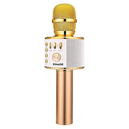 BONAOK Drahtloses Bluetooth Karaoke Mikrofon, Tragbares 3 in 1 Karaoke Handmikrofon Geburtstagsgeschenk Home Party Auto Karaoke Mikrophon für iPhone/Android/iPad/PC/Smartphone (Hellgold) von BONAOK