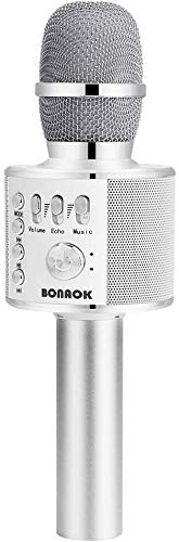 BONAOK Drahtloses Bluetooth-Karaoke-Mikrofon, Tragbares 3-in-1-Karaoke-Handmikrofon Geburtstagsgeschenk Home-Party-Lautsprecher für iPhone/Android/iPad, PC-Smartphone (Silber) von BONAOK