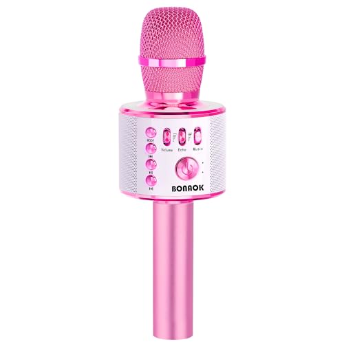 BONAOK Karaoke Mikrofon,3 in 1 Kabelloses Bluetooth Mikrofon, Kinder Mikrofon Lautsprecher Maschine, Tragbares KTV Mikrofon für zu Hause, Kompatibel mit Android Bluetooth Geräten(Light Rosa) von BONAOK