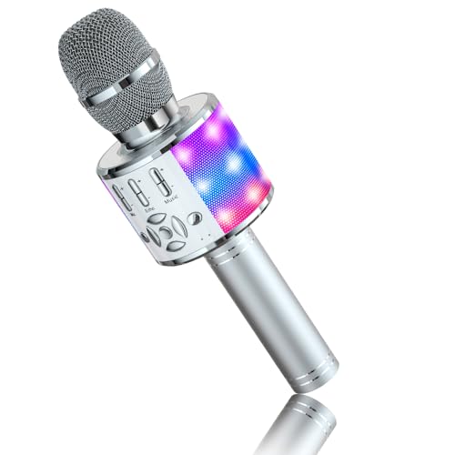 BONAOK Karaoke Mikrofon Bluetooth, 4 in 1 Drahtlos Karaoke Mikrofone, LED Kinder Karaoke Mikrofon Lautsprecher, Heim KTV Karaoke Gerät, kompatibel mit iOS Android Bluetooth Geräten (Siber) von BONAOK