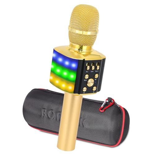 BONAOK Karaoke Mikrofon Kinder, 4-in-1 Bluetooth Mikrofon Karaoke mit LED, Tragbares KTV Microphone, Zuhause Party Karaoke Dynamische Mikrofone für iPhone/Android(Q36 Gold) von BONAOK