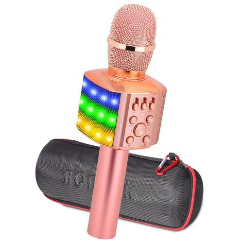BONAOK Kinder Karaoke Mikrofon mit Blinkenden Bunten LED Lichtern,Drahtloses Tragbares 4 in 1 Bluetooth Karaoke Gerät Home Party für iOS/Android(Q36 Roségold Plus) von BONAOK