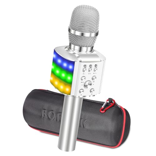 BONAOK Mikrofon mit Lautsprecher Led, Tragbares 4 in 1 Mikrofon Kinder mit Aufnahmefunktion, Zuhause Party Karaoke Dynamische Bluetooth Mikrofone für Android/iOS (Q36 Silber) von BONAOK